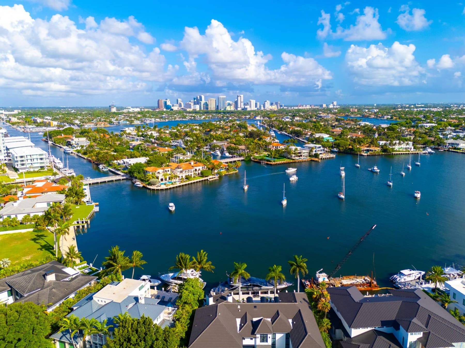 Aerial view of the Harbor Beach waterways and Fort Lauderdale skyline